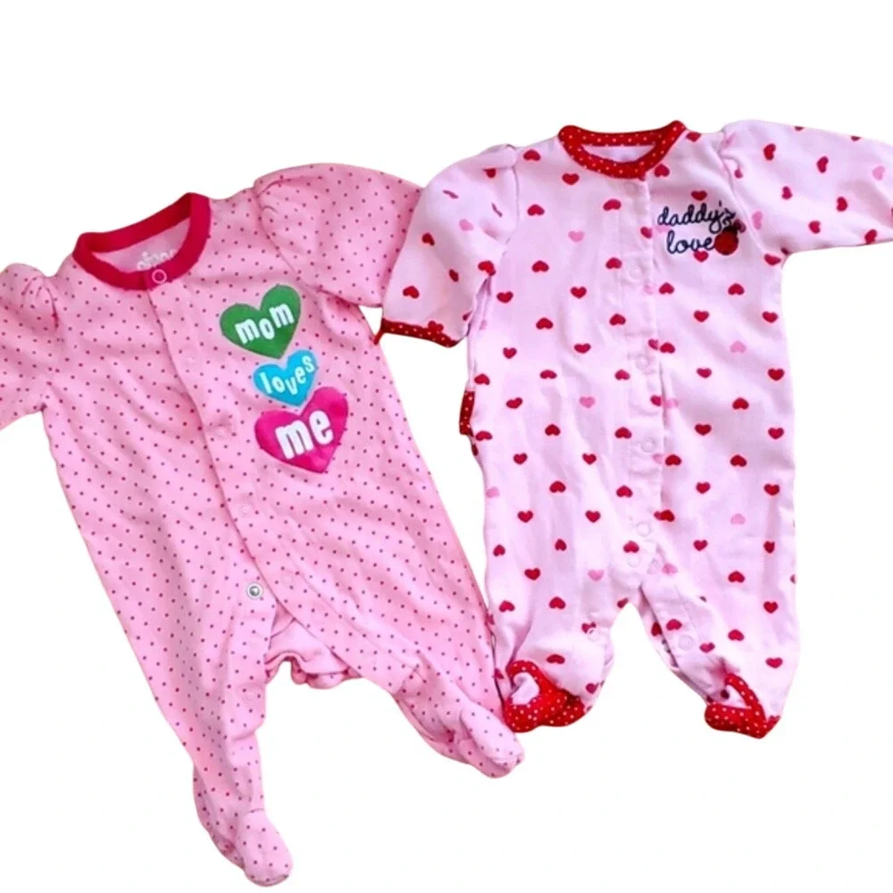 Circo Girls Pink polka Dot Mom Footie and Carters Pink Heart Footie 3M
